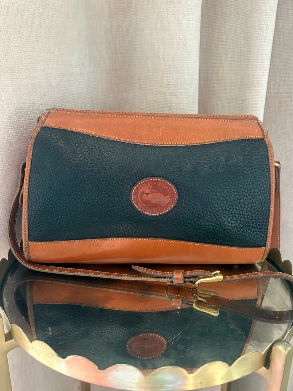 Vintage Dooney & Bourke Classic Dark Blue and Brown Pebbled Leather Messenger